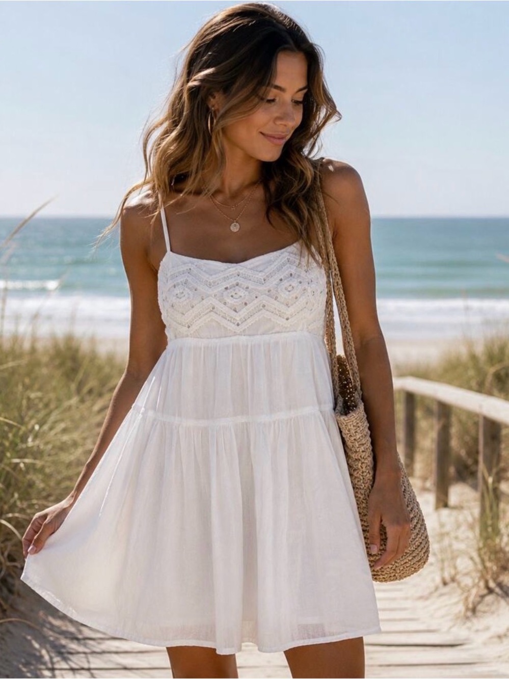Zara White Embroidered Cotton Babydoll Dress M Boho Cottagecore